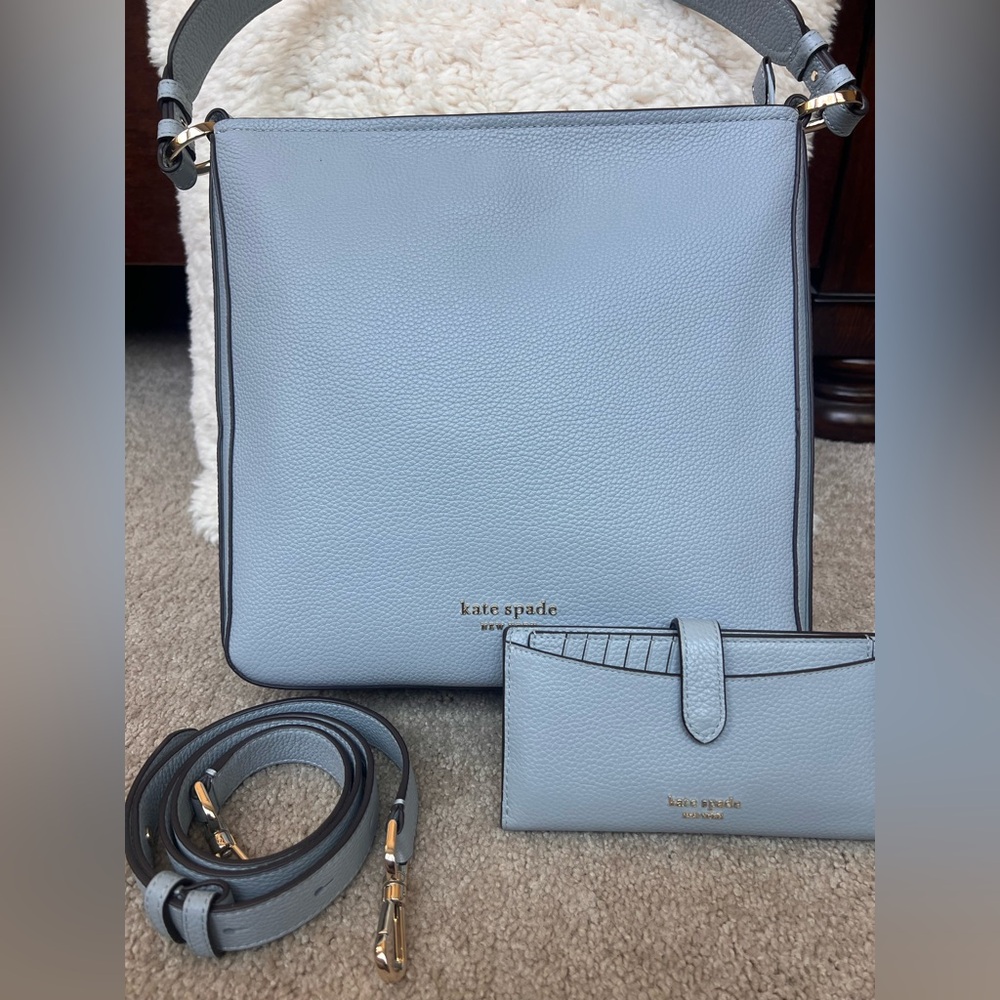 Kate Spade Blue Shoulder Bag with Adjustable Strap and Matching Wallet